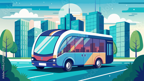 A colorful bus is driving down a city street. The bus is surrounded by tall buildings and trees. Scene is lively and bustling, as the bus is a common mode of transportation in urban areas