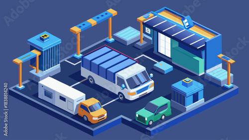 A city scene with a truck and a car parked in a parking lot. The truck is white and the car is green