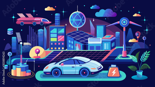 A cityscape with a car and a building in the foreground. The car is white and has a blue stripe. The background features a city with buildings and a car. Scene is futuristic and urban