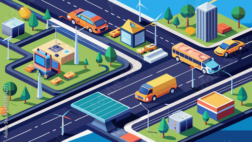 A city street with a bus and a truck driving down it. The street is lined with trees and buildings