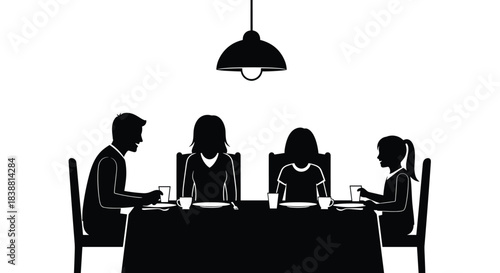 A classic silhouette of a family sitting around a dining table under a pendant light, sharing a meal together in a cozy home setting.