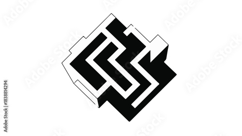 Abstract geometric maze pattern with sharp angles and contrasting black and white tones