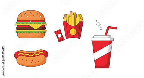 A classic fast food collection featuring a cheeseburger, hot dog, french fries, and a refreshing soda, perfect for a quick meal.