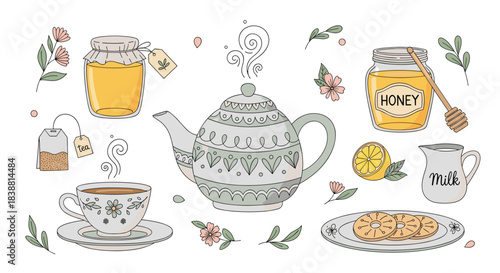 A comforting tea time collection featuring a teapot, teacup, honey jars, lemon, milk, and cookies, perfect for a cozy break.