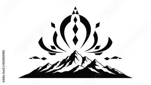 Majestic mountain peak crowned with ornate, abstract floral design, symbolizing aspiration and natural beauty.