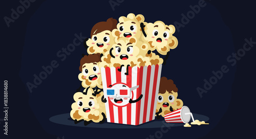 A playful illustration of animated popcorn characters enjoying a movie with 3D glasses, capturing the fun and excitement of cinema.