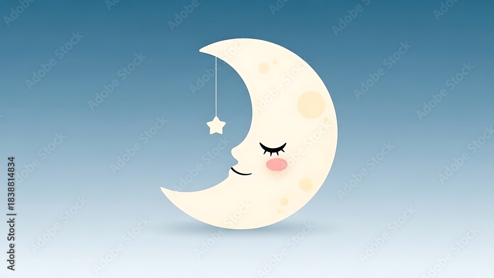 Obraz premium Cute Cartoon Moon with Sleeping Face and Hanging Star on Blue Background