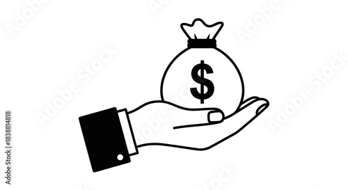 Money Bag in Hand Icon Vector – Financial Support Silhouette, Payment Funding Symbol