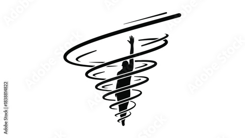 Silhouette of a person reaching upwards within a swirling vortex of motion, symbolizing ambition and transformation.