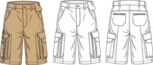 Cargo shorts fashion illustration, technical flat sketch, men’s apparel design, garment template, clothing mockup, pocket detail, vector style drawing"