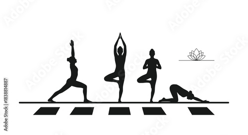 A serene silhouette of women practicing various yoga poses, symbolizing wellness, flexibility, balance, and mindful exercise.
