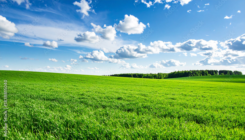 Fototapeta premium Beautiful spring landscape with green field and blue sky with white clouds