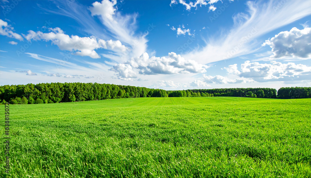 Obraz premium Beautiful spring landscape with green field and blue sky with white clouds