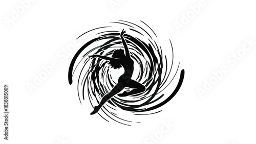 Graceful dancer silhouette in dynamic swirling motion, expressing freedom and energy