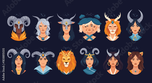 A majestic collection of twelve zodiac sign avatars with mystical horns, lion heads, and adornments, representing astrology and cosmic power.