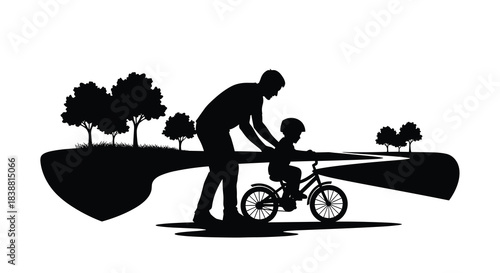 A heartwarming silhouette of a father teaching his son to ride a bicycle in a park with trees, representing childhood milestones and family bonds.