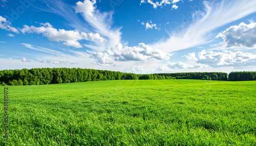 Fototapeta Naklejka Na Ścianę i Meble -  Beautiful spring landscape with green field and blue sky with white clouds