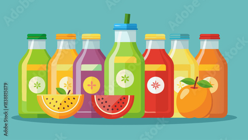 A row of juice bottles with fruit on the side. The bottles are in a row and are of different colors