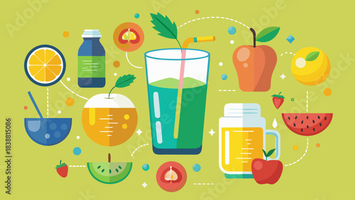 A green background with a variety of fruits and drinks, including a glass of green juice. The image conveys a healthy and refreshing atmosphere