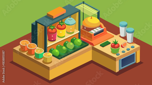 A cartoon of a fruit stand with a cash register. The stand is full of fruit and drinks, including apples, oranges, and tomatoes