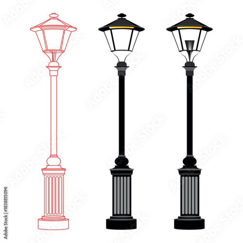 Vintage street light posts set, old street lamp posts, sidewalk lantern, vector
