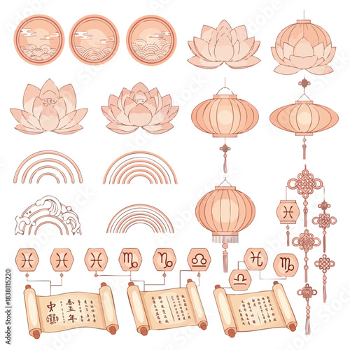 A collection of peach-colored Chinese New Year icon pack featuring lotus flowers, lanterns, zodiac symbols, and scrolls on a white background. Perfect for festive designs, cultural