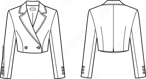 Cropped blazer technical sketch, fashion cad drawing, flat vector illustration, double-breasted jacket design, garment template, front back view, notched lapel