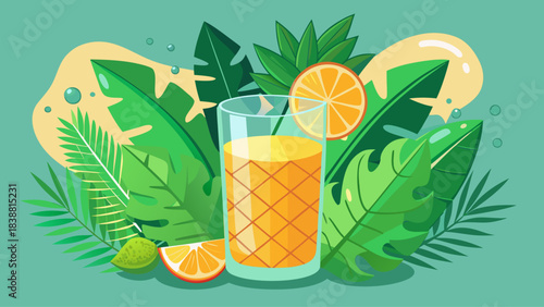 A glass of orange juice is surrounded by green leaves. The juice is in a glass with a pineapple slice on top