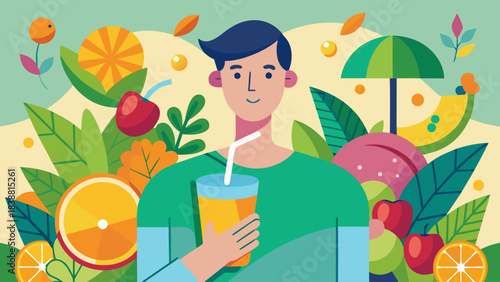 A man is holding a drink with a straw and surrounded by fruits and vegetables. The image conveys a healthy and refreshing atmosphere