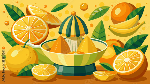 A bowl of fruit with oranges, bananas, and lemons. The bowl is on a table with a green umbrella