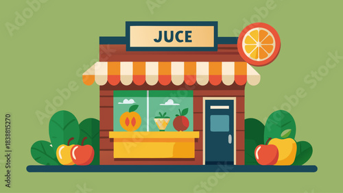 A cartoon drawing of a juice shop with a green background. The shop is filled with apples and oranges