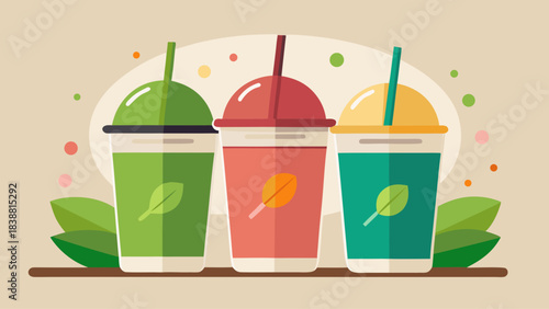 Three cups of different colors with straws in them. The cups are green, red, and blue