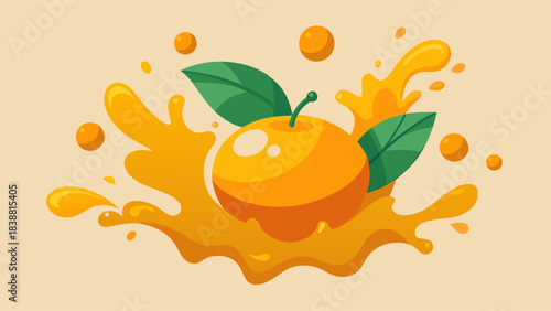 A cartoon drawing of an orange with a leaf on top of it. The orange is surrounded by a splash of orange juice