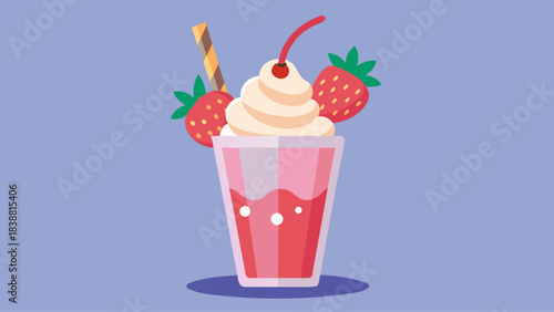 A strawberry milkshake with whipped cream and a cherry on top. The milkshake is in a glass and is served in a blue background