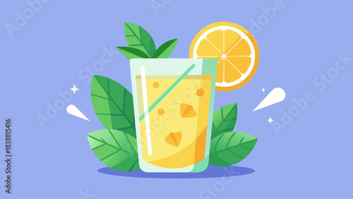 A glass of lemonade with a slice of lemon on top. The glass is half full and the lemon slice is on the right side of the glass