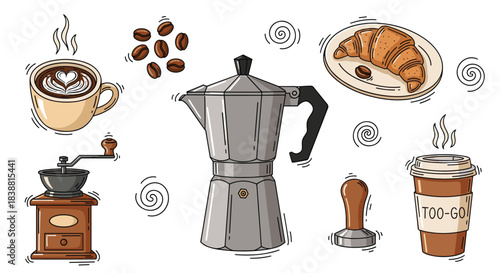 A comprehensive coffee brewing collection with a moka pot, coffee beans, grinder, tamper, latte art cup, croissant, and a to-go cup, for coffee lovers.