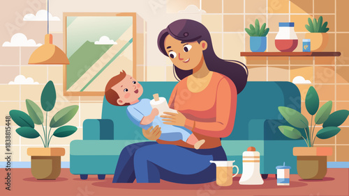 A woman is holding a baby and feeding it. The baby is crying, and the woman is trying to soothe it. The scene is set in a living room with a couch and a potted plant