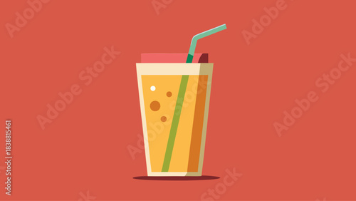 A glass of orange juice with a straw in it. The glass is half full and the straw is in the middle of the glass