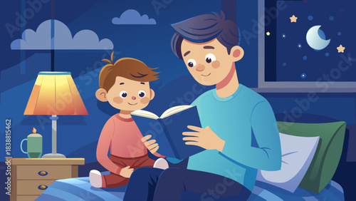 A man reads a book to a child. The child is sitting on a bed. The man is wearing a blue shirt