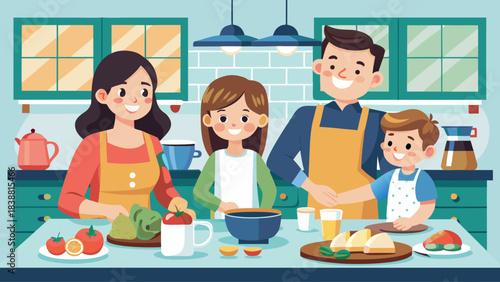 A family is cooking together in a kitchen. The man is wearing an apron and the woman is wearing an apron. The children are smiling and the family is enjoying their time together