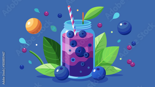 A blue jar filled with a purple drink made from blueberries and a green leaf on top. The jar is placed on a blue background with a few blueberries scattered around it