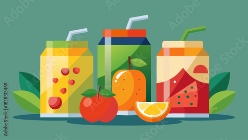Three different fruit juices are displayed on a green background. The juices are apple, orange, and grapefruit