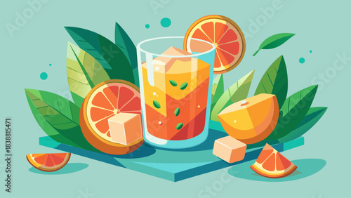 A glass of orange juice with ice cubes and a slice of orange on the side. The image has a bright and cheerful mood, with the orange juice and fruit adding a pop of color to the scene