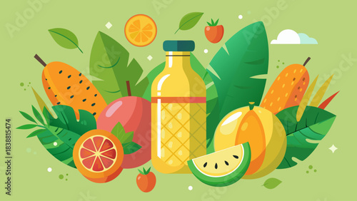 A colorful image of fruits and a bottle of juice. The fruits include apples, oranges, and watermelon. Scene is cheerful and healthy