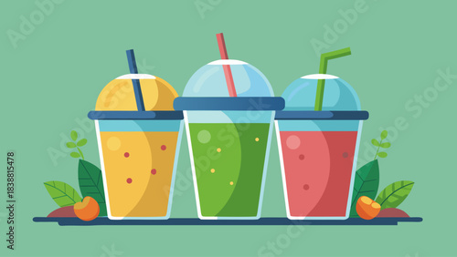 Three colorful drinks in cups with straws in them. The drinks are in a row and the background is green