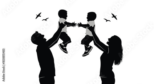 A joyful silhouette of parents playfully lifting their twin babies into the air with birds flying, symbolizing happiness and new family additions.