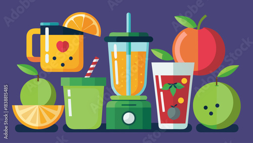 A colorful image of various fruit drinks and smoothies, including a green smoothie, a green apple, and a green cup