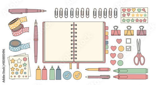 A comprehensive stationery and journaling collection featuring a spiral notebook, pens, scissors, washi tape, paper clips, stickers, and highlighters.