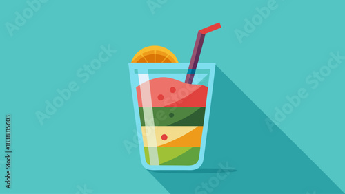 A colorful drink with a straw in a glass. The drink is a mix of different fruits and is served in a tall glass. The image has a bright and cheerful mood