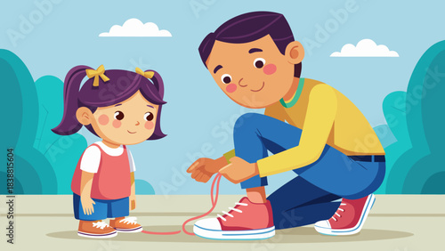 A man is helping a little girl tie her shoes. The boy is wearing a yellow shirt and blue jeans